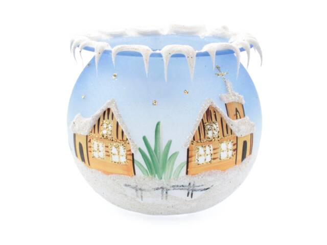 Czech Blue Lampwork Glass Christmas Winter Candle Holder Hand Painted - image 1