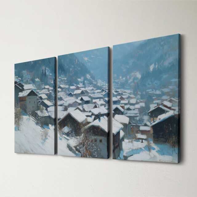 Swiss Alps Village 3 Panel Split Canvas Wall Art Snow Rooftops Winter Mountain Landscape Oil Painting Framed Home Decor Gift - image 1