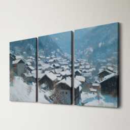 Swiss Alps Village 3 Panel Split Canvas Wall Art Snow Rooftops Winter Mountain Landscape Oil Painting Framed Home Decor Gift