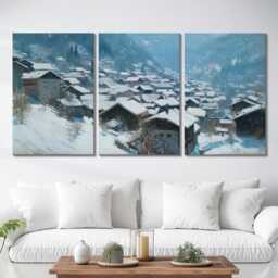 Swiss Alps Village 3 Panel Split Canvas Wall Art Snow Rooftops Winter Mountain Landscape Oil Painting Framed Home Decor Gift - thumbnail 2