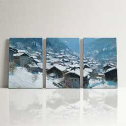 Swiss Alps Village 3 Panel Split Canvas Wall Art Snow Rooftops Winter Mountain Landscape Oil Painting Framed Home Decor Gift - thumbnail 3