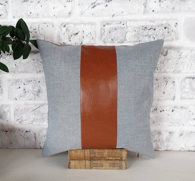 Cognac Faux Leather & Denim Pillow Cover, Modern Accent - image 1