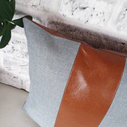 Cognac Faux Leather & Denim Pillow Cover, Modern Accent - thumbnail 3