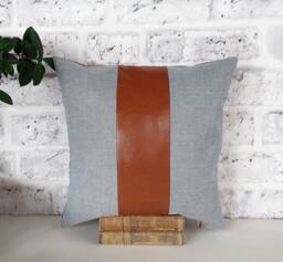 Cognac Faux Leather & Denim Pillow Cover, Modern Accent