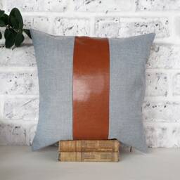 Cognac Faux Leather & Denim Pillow Cover, Modern Accent - thumbnail 2