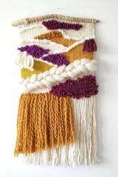 Handmade Woven Wall Hanging Yellow & White Tapestry With Driftwood
