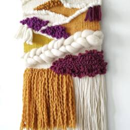Handmade Woven Wall Hanging Yellow & White Tapestry With Driftwood - thumbnail 4