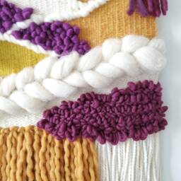 Handmade Woven Wall Hanging Yellow & White Tapestry With Driftwood - thumbnail 3