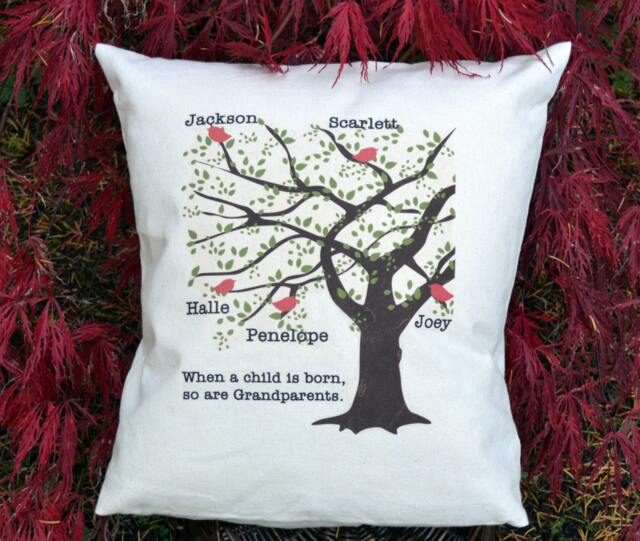 Grandparents Gift, Mother's Day, Grandchildren Family Tree, Birds Pillow, Red Heart Christmas Gift, Ruby Anniversary - image 1