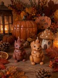 Handmade Squirrel & Pine Cone Candle in Olive Wax, Choice Of Colors, Sweet Autumn Scent - thumbnail 1