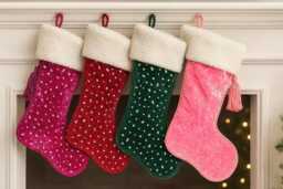 Christmas Stocking Handmade With Green Velvet & Embellished Crystals Pearls . Perfect Gift Bag