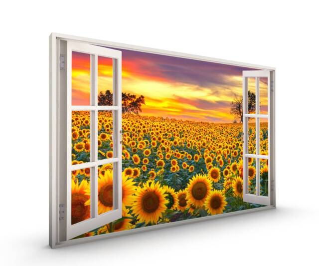 Sunflowers Window 3D Effect Canvas Framed Glossy Premium With Metal Hanger Various Sizes - image 1