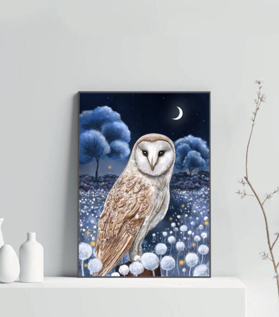 A4 Original Art Print - Spiritual Spirit Guide Art Night Owl Wall Decor Fantasy Poster Barn Wall - image 1