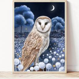 A4 Original Art Print - Spiritual Spirit Guide Art Night Owl Wall Decor Fantasy Poster Barn Wall - thumbnail 2