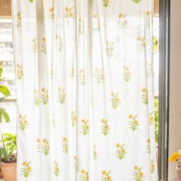 Floral Yellow & Green Sheer Curtains, Pack Of 1, Soft Fabric, Sheer Panels, Curtains Boho, Curtain Panels, Blockprint Curtains, Window Panels - thumbnail 2