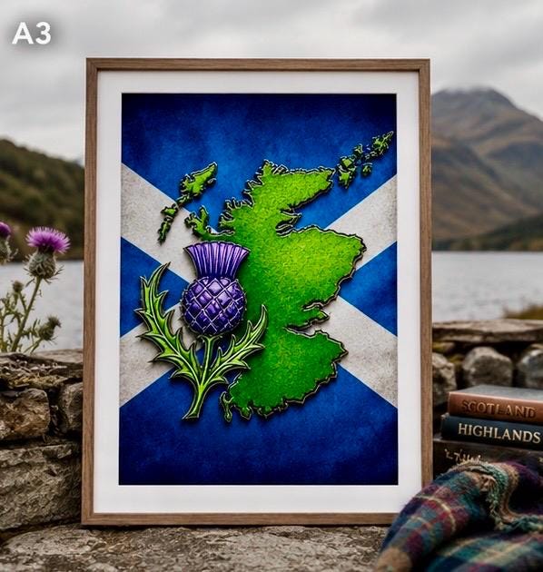 Scottish Thistle Map Print - Celtic Heritage Wall Art, Scotland Flag Artwork - image 1