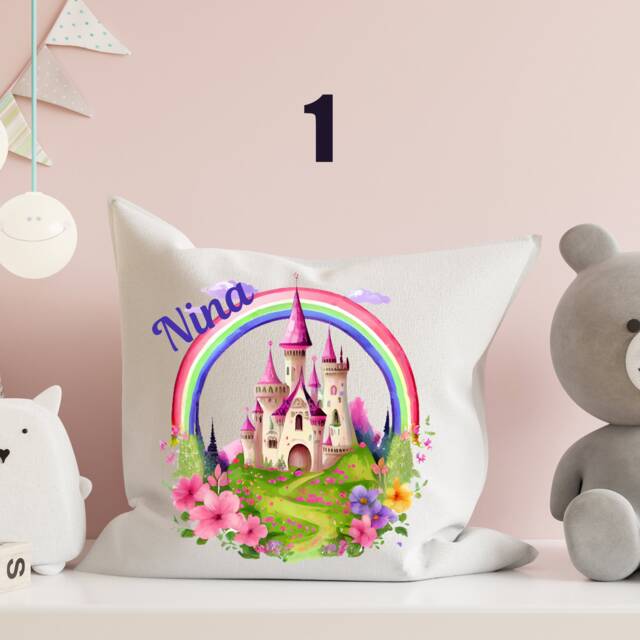 Personalised Rainbow Castle Fairy Tale Pillow, Princess Castle, Dream Cushion, Girls, Girls Bedroom Gifts Pillow, Gift For - image 1