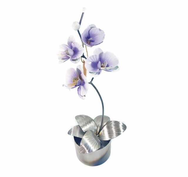 Handmade Orchid Flower Sculpture White & Purple Anniversary Ornament Romantic Gift Metal Handcrafted Floral Centre Piece Wedding Present - image 1