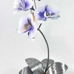 Handmade Orchid Flower Sculpture White & Purple Anniversary Ornament Romantic Gift Metal Handcrafted Floral Centre Piece Wedding Present - thumbnail 3