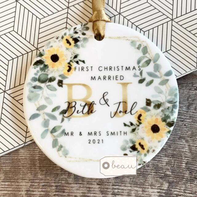 Personalised First Christmas Married Wedding Gift Mr Mrs Newlywed Sunflower Floral Design Ceramic Or Acrylic Round Ornament Keepsake