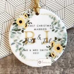Personalised First Christmas Married Wedding Gift Mr Mrs Newlywed Sunflower Floral Design Ceramic Or Acrylic Round Ornament Keepsake