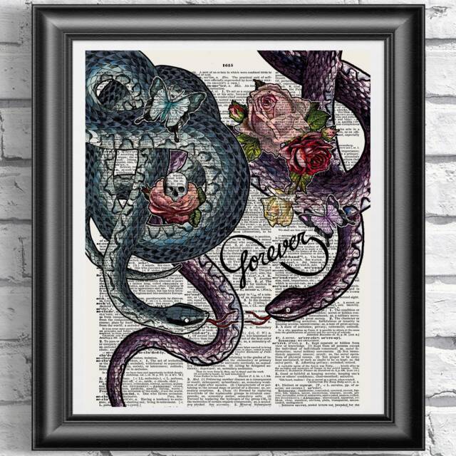 Snakes Art Print, Poster Print On Dictionary Book Page, Gothic Wall Art, Tattoo Design, Infinity Sign Wall Art, Skull Flower Print, Forever - image 1