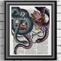 Snakes Art Print, Poster Print On Dictionary Book Page, Gothic Wall Art, Tattoo Design, Infinity Sign Wall Art, Skull Flower Print, Forever - thumbnail 1