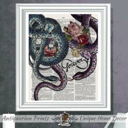 Snakes Art Print, Poster Print On Dictionary Book Page, Gothic Wall Art, Tattoo Design, Infinity Sign Wall Art, Skull Flower Print, Forever - thumbnail 2