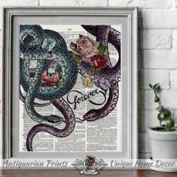 Snakes Art Print, Poster Print On Dictionary Book Page, Gothic Wall Art, Tattoo Design, Infinity Sign Wall Art, Skull Flower Print, Forever - thumbnail 3