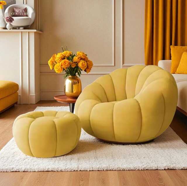 Autumn Yellow Pumpkin Sofa Chair & Pouf Set Scandinavian Modern Home Decor