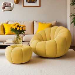 Autumn Yellow Pumpkin Sofa Chair & Pouf Set Scandinavian Modern Home Decor - thumbnail 2