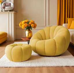 Autumn Yellow Pumpkin Sofa Chair & Pouf Set Scandinavian Modern Home Decor - thumbnail 1