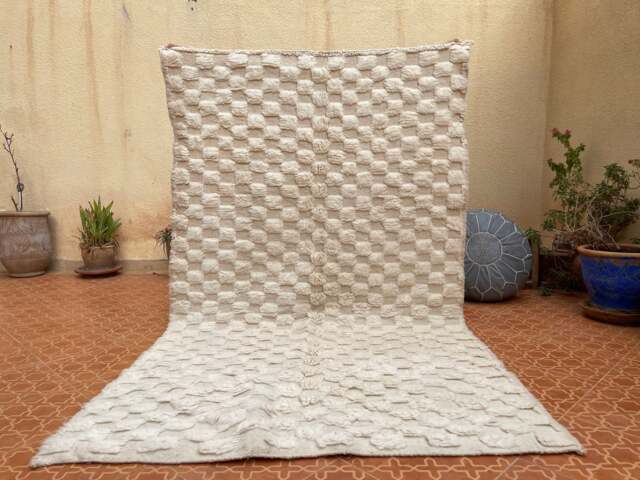 Checkered Beni Ourain Rug Solid White Berber Wool Rug - Custom Size - image 1