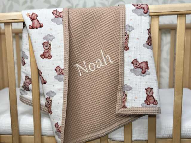 Personalized Baby Blanket With Name - Waffle & Muslin Cotton Newborn Gift, Neutral Shower Embroidered Keepsake - image 1