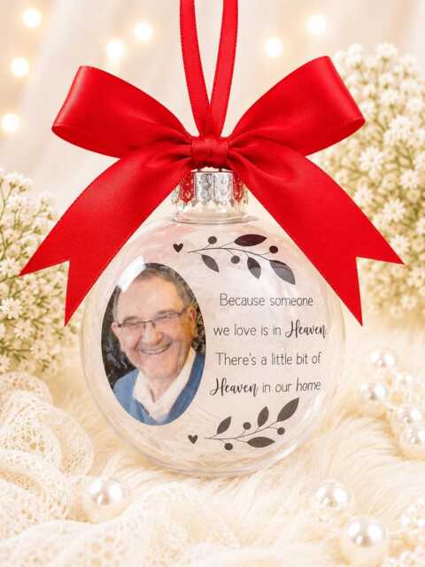 Personalised Photo Memorial Bauble With Feathers, Christmas Tree Ornament Memory Keepsake For - image 1