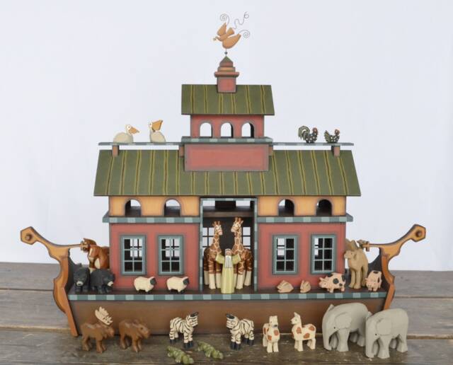 Handmade Wooden Noah's Ark, Hand Carved Animals, Mantel Decor - image 1