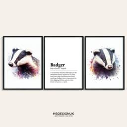 Badger Poster Set - Of 3 Prints - Watercolour Print Wall Hanging Decor British Wildlife Art Gifts Artwork - thumbnail 1
