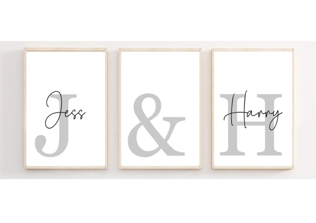 Set Of Three 3 Personalised Name & Initial Prints - Couples A3 A4 Wall Art Various Colours - image 1