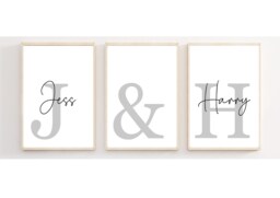 Set Of Three 3 Personalised Name & Initial Prints - Couples A3 A4 Wall Art Various Colours - thumbnail 1