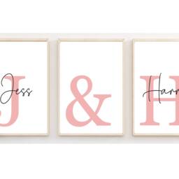 Set Of Three 3 Personalised Name & Initial Prints - Couples A3 A4 Wall Art Various Colours - thumbnail 2