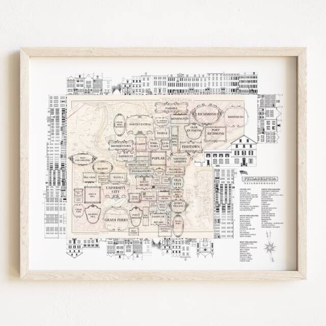 Philadelphia Neighborhoods - Art Print Vintage City Map Architecture Streetscape Drawing Realtor Wedding Gift Pennsylvania Schuykill River - image 1