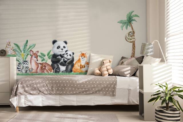 Cute Forest Animals With Trees Wall Sticker, Colorful Watercolor Decal For Kids - image 1
