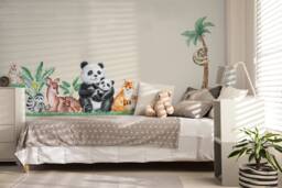 Cute Forest Animals With Trees Wall Sticker, Colorful Watercolor Decal For Kids