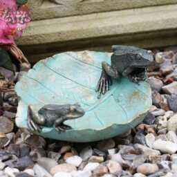 Frogs On Leaf Birdfeeder - Resin Garden Outdoor Home Statue Decor Ornament Bath - thumbnail 2