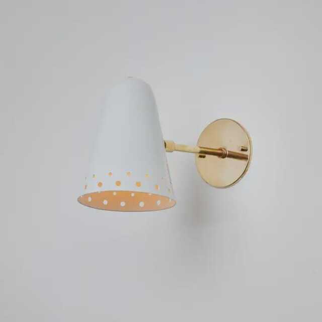 1950S Modern Classy Room Wall Sconce White Perforated Metal & Brass Vintage Mid Century Light Fixture Sputnik Night Deeming Lamp - image 1