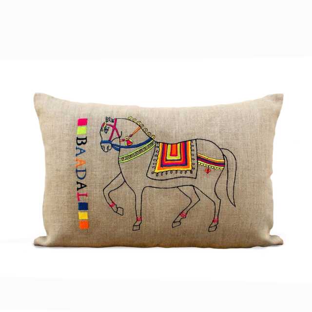 Linen Pillow Cover, Decorated Horse Embroidered in Multicolour, Boho - image 1