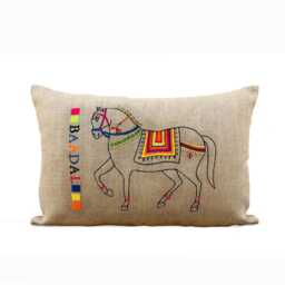 Linen Pillow Cover, Decorated Horse Embroidered in Multicolour, Boho - thumbnail 1