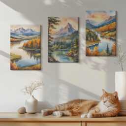 Canvas Art Set Of 3 - Mountain Landscapes With A River & Colorful Trees, Orange Wall Canvas, Decor - thumbnail 1