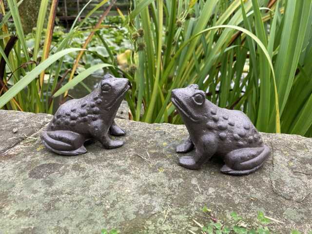 Pair Of Small Cast Iron Metal Frog Statue Garden Ornaments - image 1