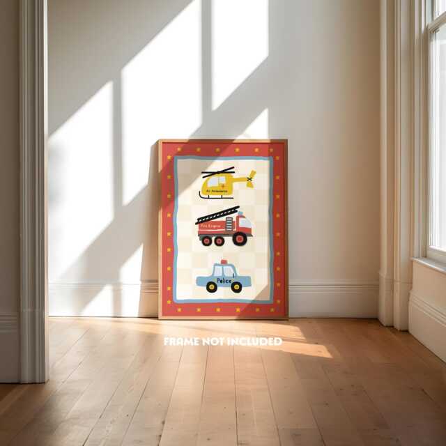 Emergency Services, Boys Bedroom Print, Vehicle Fire Truck, Police Car, Children's Wall Art, Toddler Bedroom, Kids Playroom, Red Blue - image 1